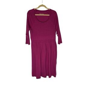 NWT Soft Surroundings Sylvie Smocked Dress Dark Fuchsia Scoop Neck 3/4 Sleeve Lg